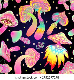 Los hongos mágicos.  Alucinación psicodélica. Ilustración vectorial vibrante. fondo hippie colorido de los años 60, hippie y textura boho. Papel tapiz trippy.