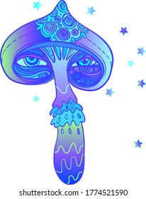 Magische Pilze. Psychedelische Halluzinationen. Lebhafte Vektorgrafik. 60er Jahre hippie bunte Kunst in rosafarbenen pastellfarbenen Gotfarben einzeln auf Weiß. Aufkleber, Patch, Poster-Grafik-Design.