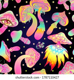 Magic mushrooms.  Psychedelic hallucination. Vibrant  vector illustration. 60s hippie colorful background, hippie and boho texture. Ttrippy wallpaper.
