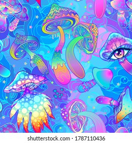 Magic mushrooms.  Psychedelic hallucination. Vibrant  vector illustration. 60s hippie colorful background, hippie and boho texture. Ttrippy wallpaper.