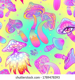 Magic mushrooms.  Psychedelic hallucination. Vibrant  vector illustration. 60s hippie colorful background, hippie and boho texture. Ttrippy wallpaper.