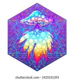 Magic mushrooms.  Psychedelic hallucination. Vibrant  vector illustration. 60s hippie colorful art.