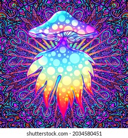 Los hongos mágicos.  Alucinación psicodélica. Ilustración vectorial vibrante. Arte hippie colorido de los años 60.