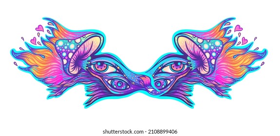 Los hongos mágicos. Alucinación psicodélica. Ilustración vectorial vibrante. Arte hippie colorido de los años 60 en tonos godos rosa pastel aislado en blanco. Pegatina, parche, diseño gráfico de afiches.