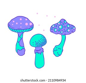 Los hongos mágicos. Alucinación psicodélica. Ilustración vectorial vibrante. Arte hippie colorido de los años 60 en tonos godos rosa pastel aislado en blanco. Pegatina, parche, diseño gráfico de afiches.