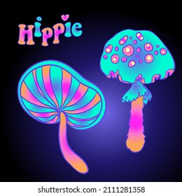 Los hongos mágicos. Alucinación psicodélica. Ilustración vectorial vibrante. Arte hippie colorido de los años 60 en tonos godos pastel rosa aislado. Pegatina, parche, diseño gráfico de afiches.