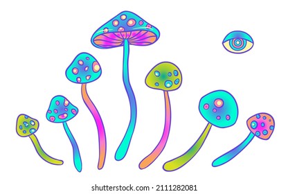 Los hongos mágicos. Alucinación psicodélica. Ilustración vectorial vibrante. Arte hippie colorido de los años 60 en tonos godos pastel rosa aislado. Pegatina, parche, diseño gráfico de afiches.