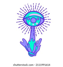 Magische Pilze. Psychedelische Halluzinationen. Lebhafte Vektorgrafik. 60er Jahre hippie bunte Kunst in rosafarbenen pastellfarbenen Gotfarben einzeln auf Weiß. Aufkleber, Patch, Poster-Grafik-Design.