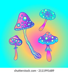 Magic mushrooms. Psychedelic hallucination. Vibrant vector illustration. 60s hippie colorful art in pink pastel goth colors isolated. Sticker, patch, poster graphic design.