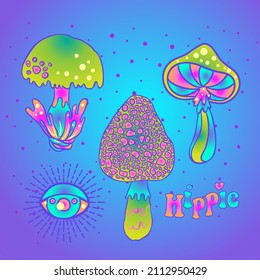 Los hongos mágicos. Alucinación psicodélica. Ilustración vectorial vibrante. Arte hippie colorido de los años 60 en tonos godos pastel rosa aislado. Pegatina, parche, diseño gráfico de afiches.