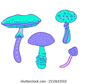 Los hongos mágicos. Alucinación psicodélica. Ilustración vectorial vibrante. Arte hippie colorido de los años 60 en tonos godos rosa pastel aislado en blanco. Pegatina, parche, diseño gráfico de afiches.