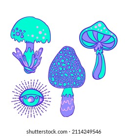 Magic mushrooms. Psychedelic hallucination. Vibrant vector illustration. 60s hippie colorful art in pink pastel goth colors isolated on white. Sticker, patch, poster graphic design.
