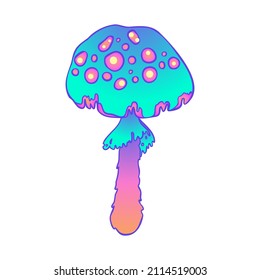 Los hongos mágicos. Alucinación psicodélica. Ilustración vectorial vibrante aislada en blanco. Arte hippie colorido de los años 60 en colores ácidos vivos. Pegatina, parche, diseño gráfico de afiches.