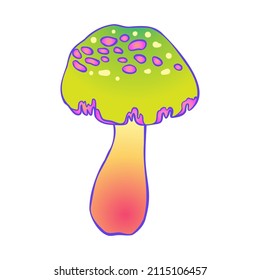 Los hongos mágicos. Alucinación psicodélica. Ilustración vectorial vibrante aislada en blanco. Arte hippie colorido de los años 60 en colores ácidos vivos. Pegatina, parche, diseño gráfico de afiches.