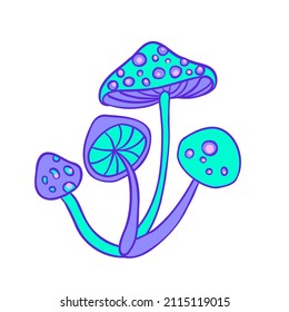 Magic mushrooms. Psychedelic hallucination. Vibrant vector illustration. 60s hippie colorful art in pink pastel goth colors isolated on white. Sticker, patch, poster graphic design.