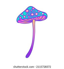 Los hongos mágicos. Alucinación psicodélica. Ilustración vectorial vibrante aislada en blanco. Arte hippie colorido de los años 60 en colores ácidos vivos. Pegatina, parche, diseño gráfico de afiches.