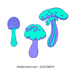 Los hongos mágicos. Alucinación psicodélica. Ilustración vectorial vibrante. Arte hippie colorido de los años 60 en tonos godos rosa pastel aislado en blanco. Pegatina, parche, diseño gráfico de afiches.