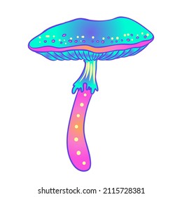 Los hongos mágicos. Alucinación psicodélica. Ilustración vectorial vibrante aislada en blanco. Arte hippie colorido de los años 60 en colores ácidos vivos. Pegatina, parche, diseño gráfico de afiches.