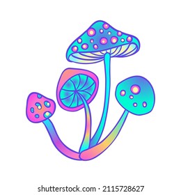 Magic mushrooms. Psychedelic hallucination. Vibrant vector illustration isolated on white. 60s hippie colorful art in vivid acid  colors. Sticker, patch, poster graphic design.