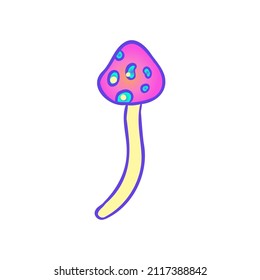 Los hongos mágicos. Alucinación psicodélica. Ilustración vectorial vibrante aislada en blanco. Arte hippie colorido de los años 60 en colores ácidos vivos. Pegatina, parche, diseño gráfico de afiches.
