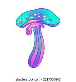 Los hongos mágicos. Alucinación psicodélica. Ilustración vectorial vibrante aislada en blanco. Arte hippie colorido de los años 60 en colores ácidos vivos. Pegatina, parche, diseño gráfico de afiches.