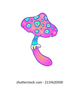Los hongos mágicos. Alucinación psicodélica. Ilustración vectorial vibrante aislada en blanco. Arte hippie colorido de los años 60 en colores ácidos vivos. Pegatina, parche, diseño gráfico de afiches.