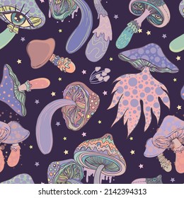 Magische Pilze.  Psychedelische Halluzinationen. Lebhafte Vektorgrafik. 60er Jahre hippie bunter Hintergrund, Hippie und boho Textur. Kleine Tapete.