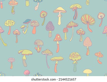 Magic mushrooms.  Psychedelic hallucination. Vibrant  vector illustration. 60s hippie colorful background, hippie and boho texture. Ttrippy wallpaper.