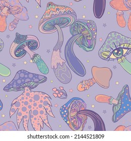Los hongos mágicos.  Alucinación psicodélica. Ilustración vectorial vibrante. fondo hippie colorido de los años 60, hippie y textura boho. Papel tapiz trippy.
