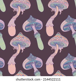 Magic mushrooms.  Psychedelic hallucination. Vibrant  vector illustration. 60s hippie colorful background, hippie and boho texture. Ttrippy wallpaper.