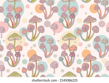 Los hongos mágicos.  Alucinación psicodélica. Ilustración vectorial vibrante. fondo hippie colorido de los años 60, hippie y textura boho. Papel tapiz trippy.