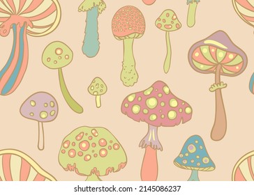 Magische Pilze.  Psychedelische Halluzinationen. Lebhafte Vektorgrafik. 60er Jahre hippie bunter Hintergrund, Hippie und boho Textur. Kleine Tapete.