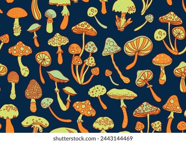 Setas mágicas.  Alucinación psicodélica. Ilustración vectorial vibrante. Fondo colorido hippie de los años 60, textura hippie y boho. Fondo de pantalla trippy.