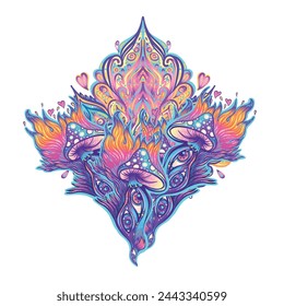 Magic mushrooms.  Psychedelic hallucination. Vibrant  vector illustration. 60s hippie colorful art.