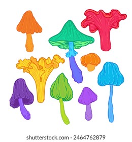 Setas mágicas. Alucinación psicodélica. Ilustración vectorial vibrante. Arte colorido hippie de los años 60. Textil psicodélico de Antiguas, tela, envoltura, Fondo de pantalla. 