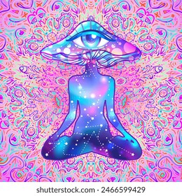 Setas mágicas. Alucinación psicodélica. Ilustración vectorial vibrante. arte colorido hippie de los años 60 en colores góticos pastel rosa sobre patrón redondo mandala . Pegatina, parche, Diseño gráfico de póster.