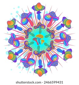 Magic mushrooms. Psychedelic hallucination. Vibrant vector illustration. 60s hippie colorful art in pink pastel goth colors over mandala round pattern . Sticker, patch, poster graphic design.