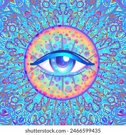 Magic mushrooms. Psychedelic hallucination. Vibrant vector illustration. 60s hippie colorful art in pink pastel goth colors over mandala round pattern . Sticker, patch, poster graphic design.