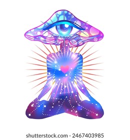 Magic mushrooms. Psychedelic hallucination. Vibrant vector illustration. 60s hippie colorful art in pink pastel goth colors over mandala round pattern . Sticker, patch, poster graphic design.