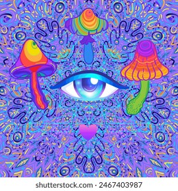 Setas mágicas. Alucinación psicodélica. Ilustración vectorial vibrante. arte colorido hippie de los años 60 en colores góticos pastel rosa sobre patrón redondo mandala . Pegatina, parche, Diseño gráfico de póster.
