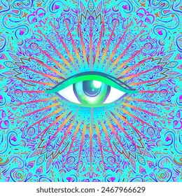 Magic mushrooms. Psychedelic hallucination. Vibrant vector illustration. 60s hippie colorful art in pink pastel goth colors over mandala round pattern . Sticker, patch, poster graphic design.
