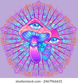 Magic mushrooms. Psychedelic hallucination. Vibrant vector illustration. 60s hippie colorful art in pink pastel goth colors over mandala round pattern . Sticker, patch, poster graphic design.