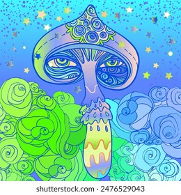 Setas mágicas. Alucinación psicodélica. Ilustración vectorial vibrante. Arte colorido hippie de los años 60.