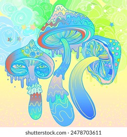 Setas mágicas. Alucinación psicodélica. Ilustración vectorial vibrante. Arte colorido hippie de los años 60.