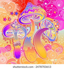 Zauberpilze. Psychedelische Halluzination. Lebendige Vektorillustration. 60er Jahre Hippie farbenfrohe Kunst.