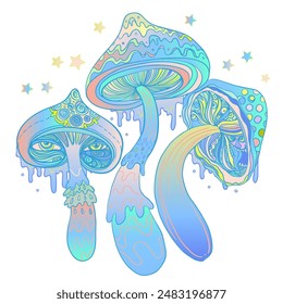 Setas mágicas. Alucinación psicodélica. Ilustración vectorial vibrante. Arte colorido hippie de los años 60.