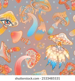 Setas mágicas. Alucinación psicodélica. Ilustración vectorial vibrante. Fondo colorido hippie de los años 60, textura hippie. Fondo de pantalla trippy.