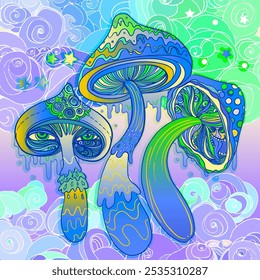Magic mushrooms. Psychedelic hallucination. Vibrant vector illustration.