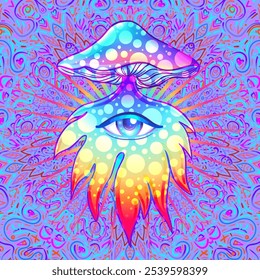 cogumelos mágicos. Alucinação psicodélica. Ilustração de vetor vibrante. 60s hippie arte colorida em cor rosa pastel gótico sobre mandala padrão redondo