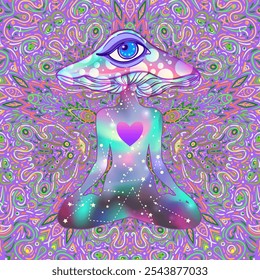 cogumelos mágicos. Alucinação psicodélica. Ilustração de vetor vibrante. 60s hippie arte colorida em cor rosa pastel gótico sobre mandala padrão redondo